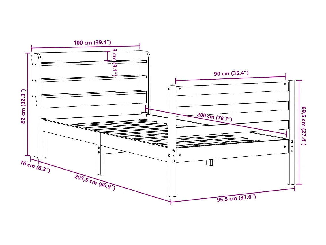 Bettgestell mit Kopfteil ohne Matratze 90x200 cm