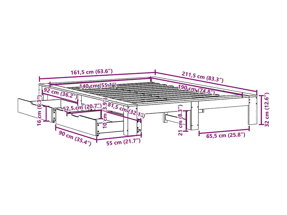 Cadre de lit sans matelas 140x190 cm bois de pin massif