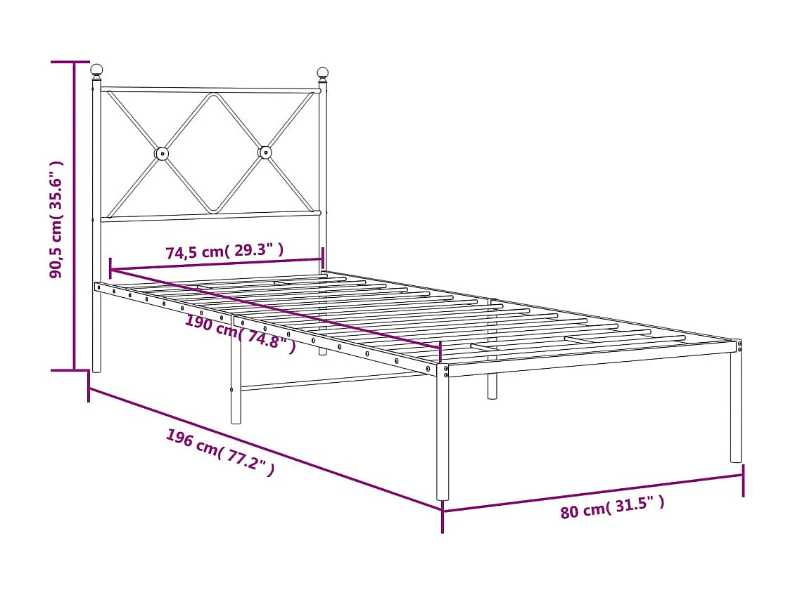 Cadre de lit métal sans matelas avec tête de lit noir 75x190 cm