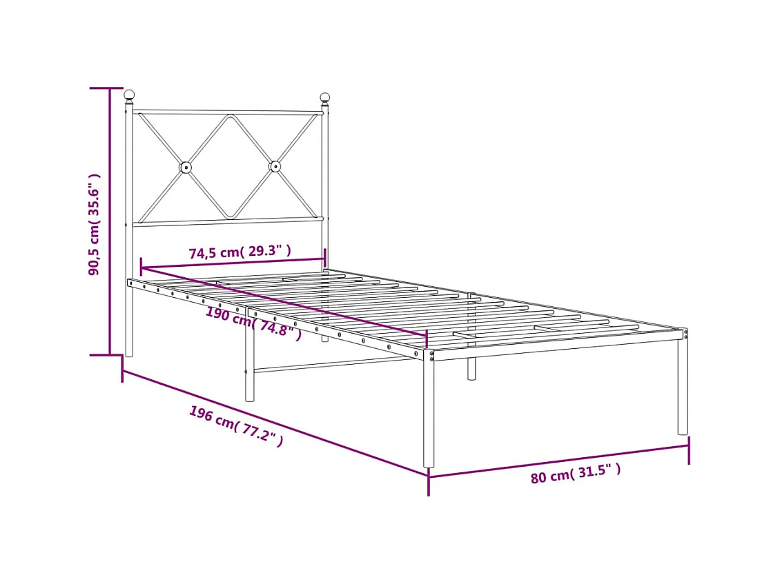 Bedframe met hoofdbord metaal zwart 75x190 cm