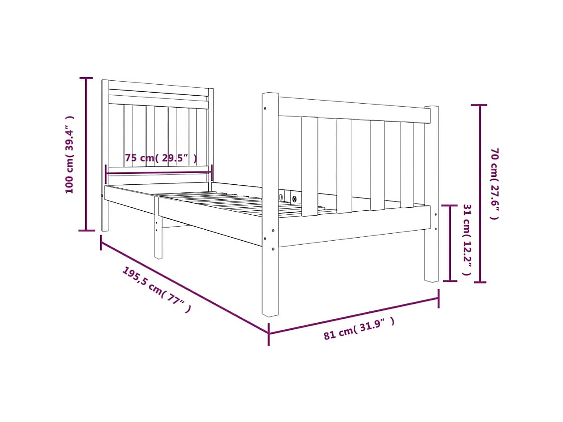 Estrutura de cama pequena solteiro 75x190 cm madeira maciça