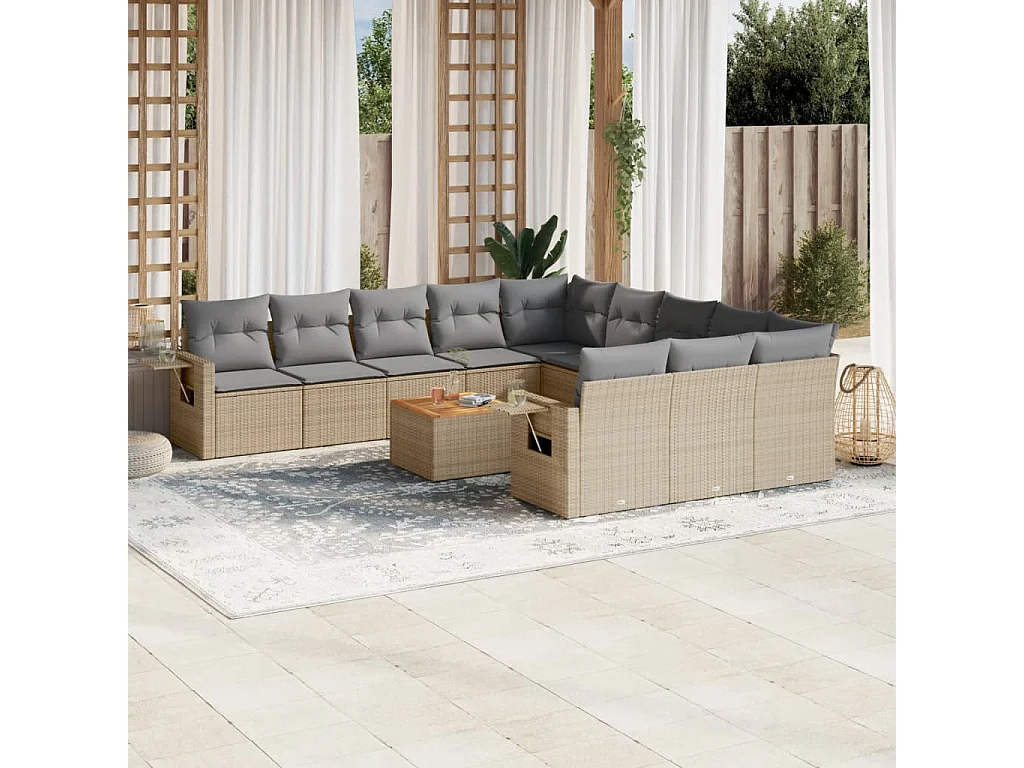 Salon de jardin avec coussins 12 pcs beige résine tressée