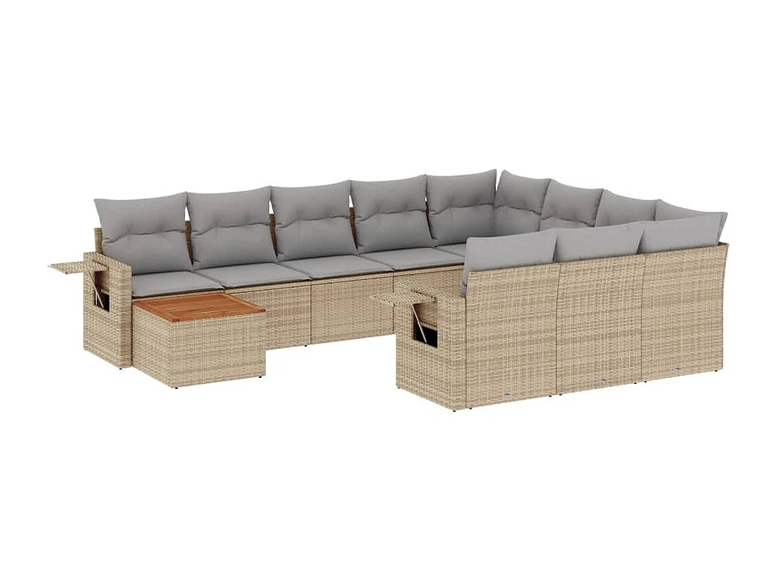 11 muebles de jardín con cojines de resina tejida en color beige.