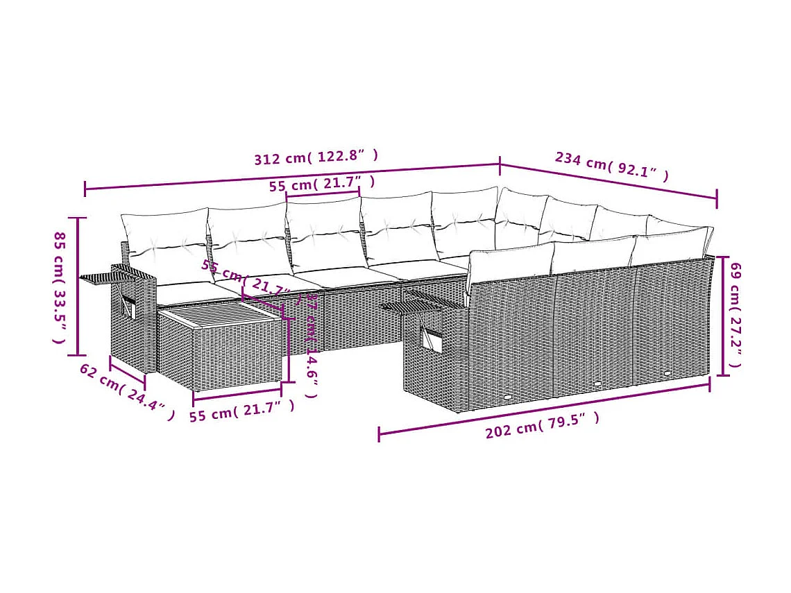 11 muebles de jardín con cojines de resina tejida en color beige.