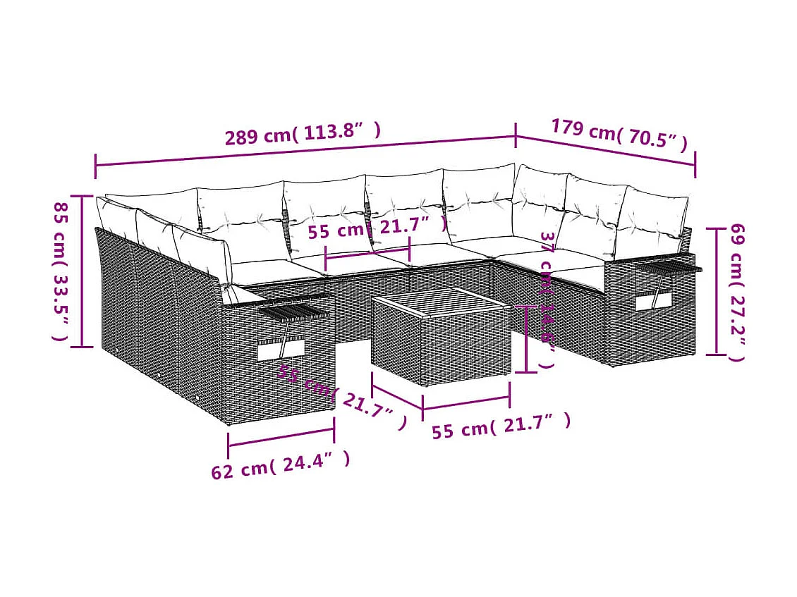 Gartenmöbel mit Kissen, 10 Stück, graues Kunstharzgeflecht