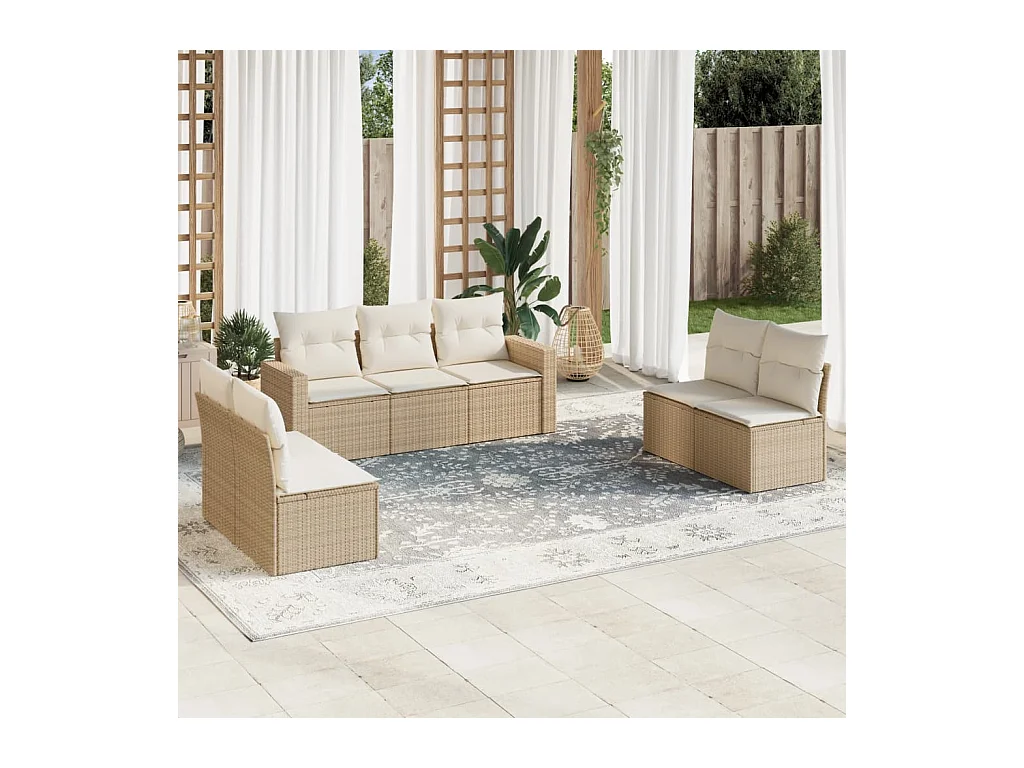 Salon de jardin avec coussins 7 pcs beige résine tressée