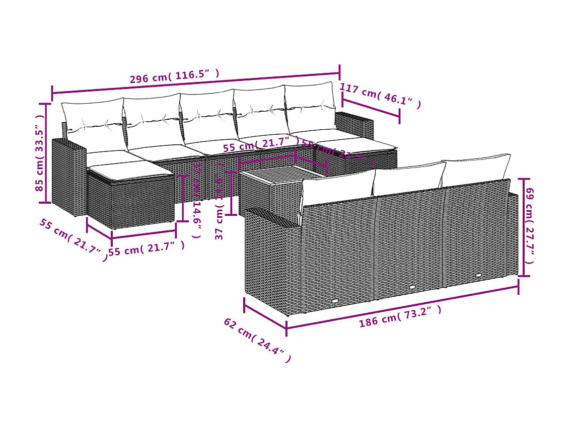 11 muebles de jardín con cojines de resina tejida en negro.