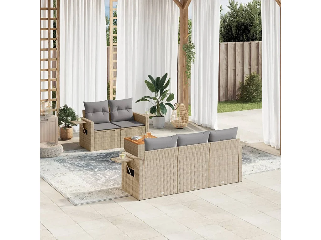 Mobile da giardino con cuscini 6 pz in resina intrecciata beige