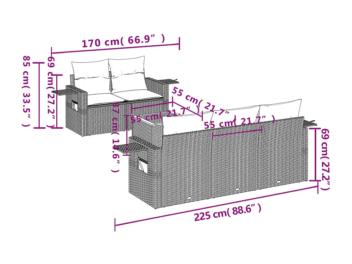 Mobile da giardino con cuscini 6 pz in resina intrecciata beige