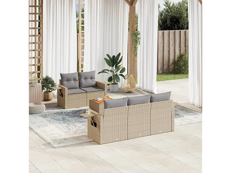 Mobile da giardino con cuscini 6 pz in resina intrecciata beige