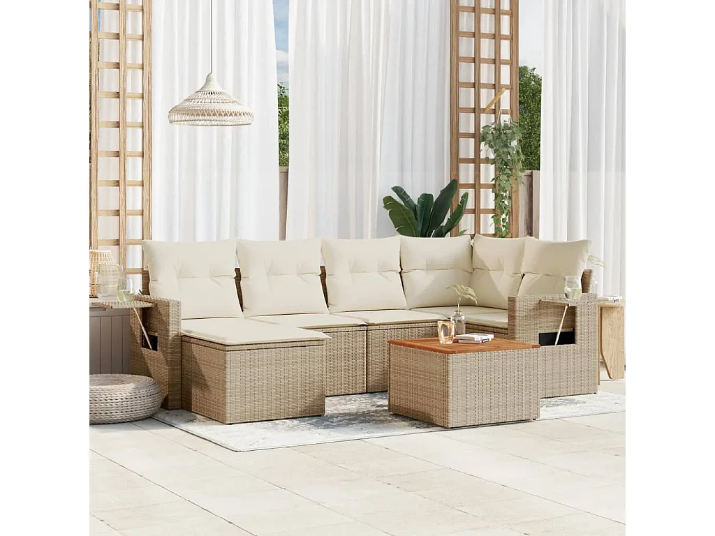 Salon de jardin avec coussins 7 pcs beige résine tressée