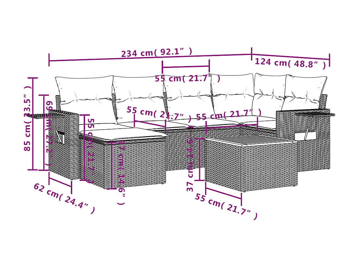Salon de jardin avec coussins 7 pcs beige résine tressée