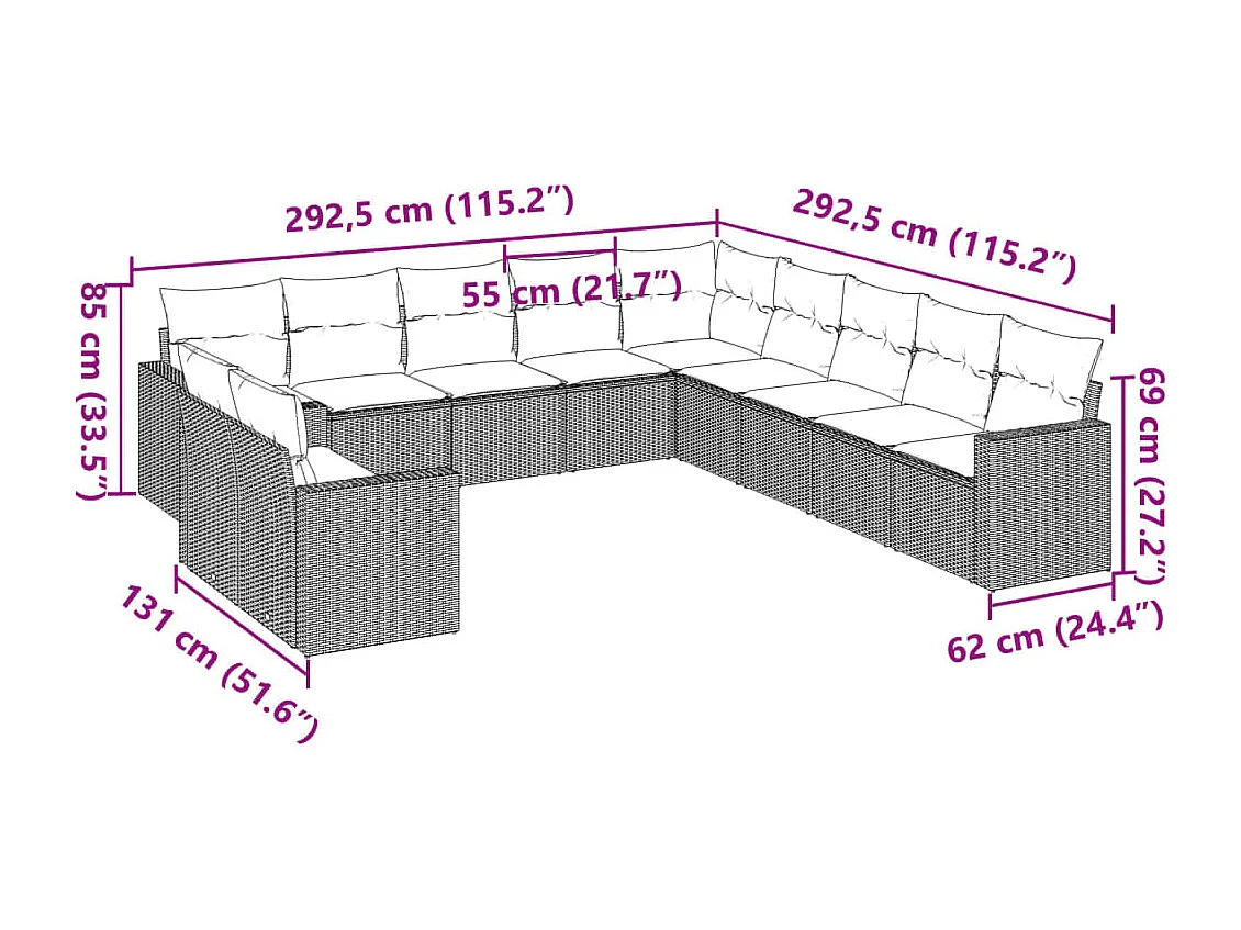 Gartenmöbel und Kissen, 11 Stück, braunes Kunstharzgeflecht
