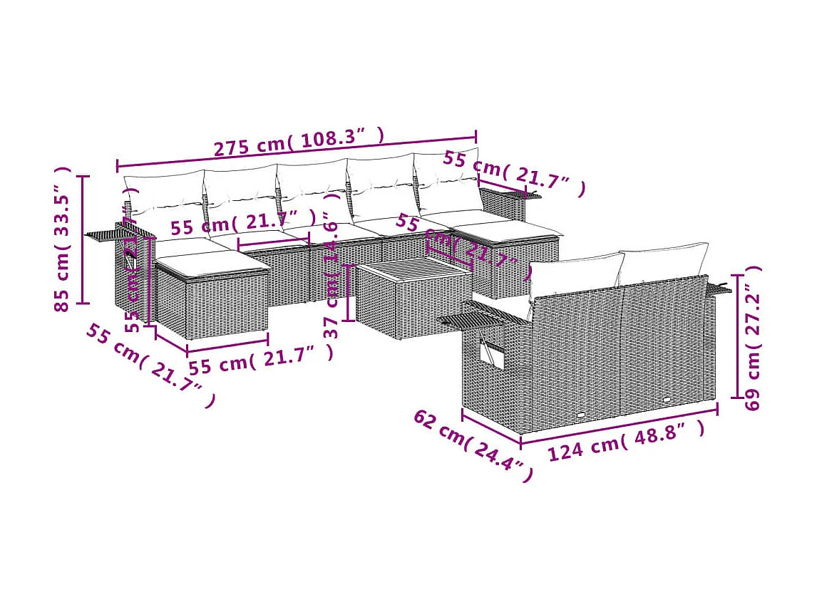 Muebles de jardín 10 piezas con cojines de resina tejida negra.