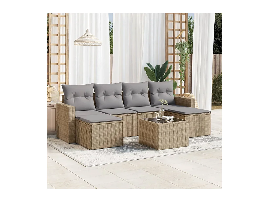 Mobile da giardino con cuscini 7 pz in resina intrecciata beige