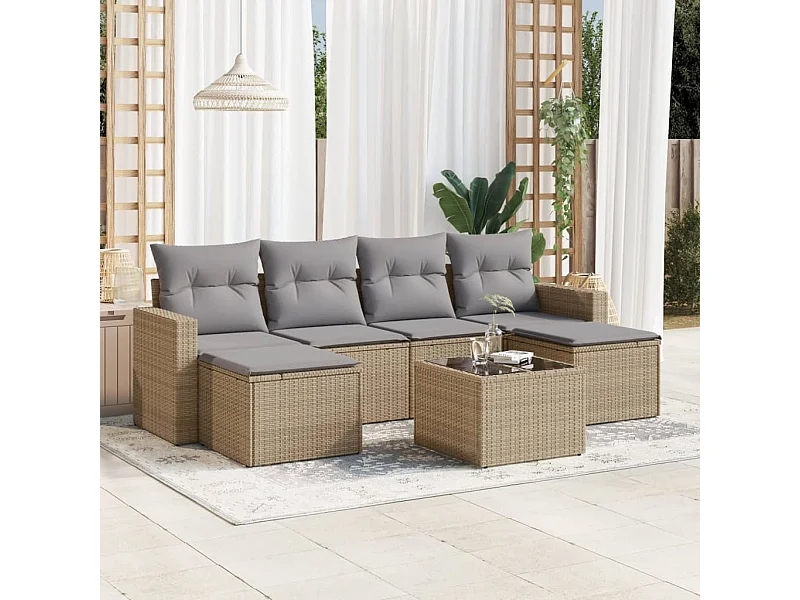 Salon de jardin avec coussins 7 pcs beige résine tressée