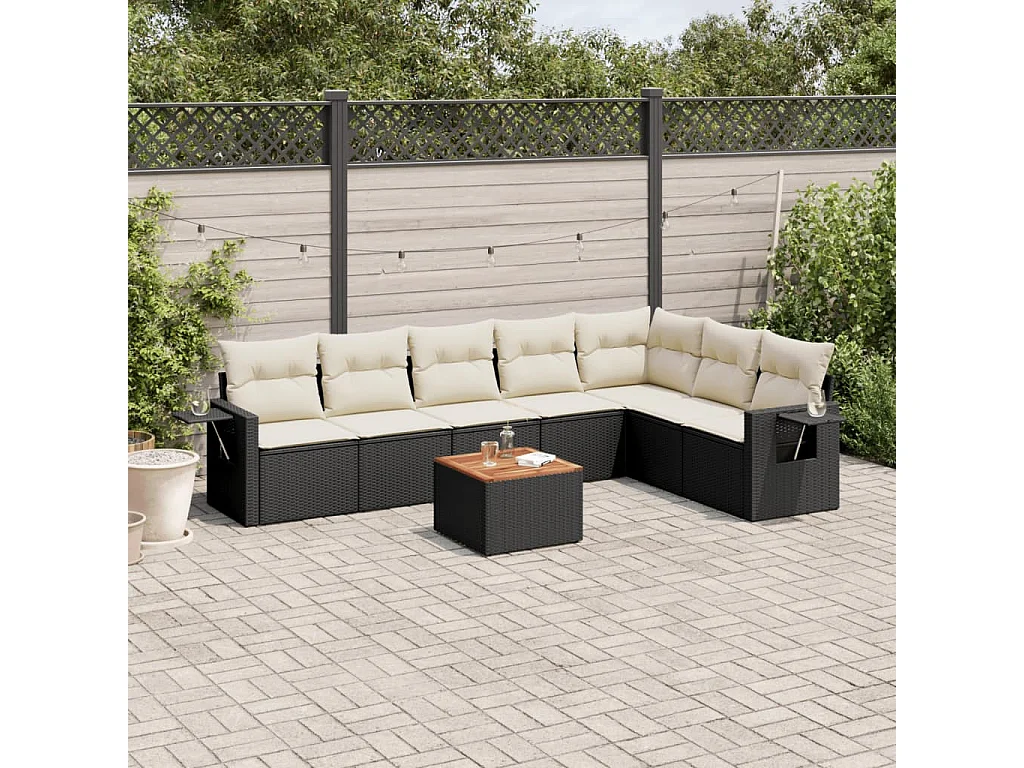 Salon de jardin 8 pcs avec coussins noir résine tressée