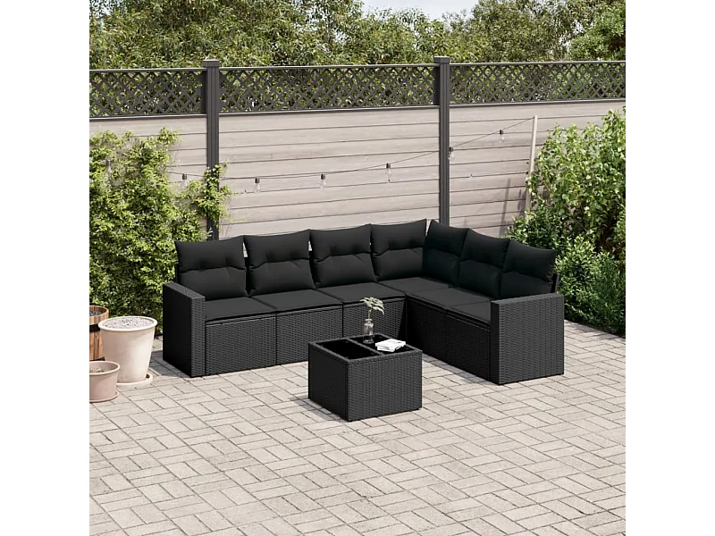 Salon de jardin 7 pcs avec coussins noir résine tressée