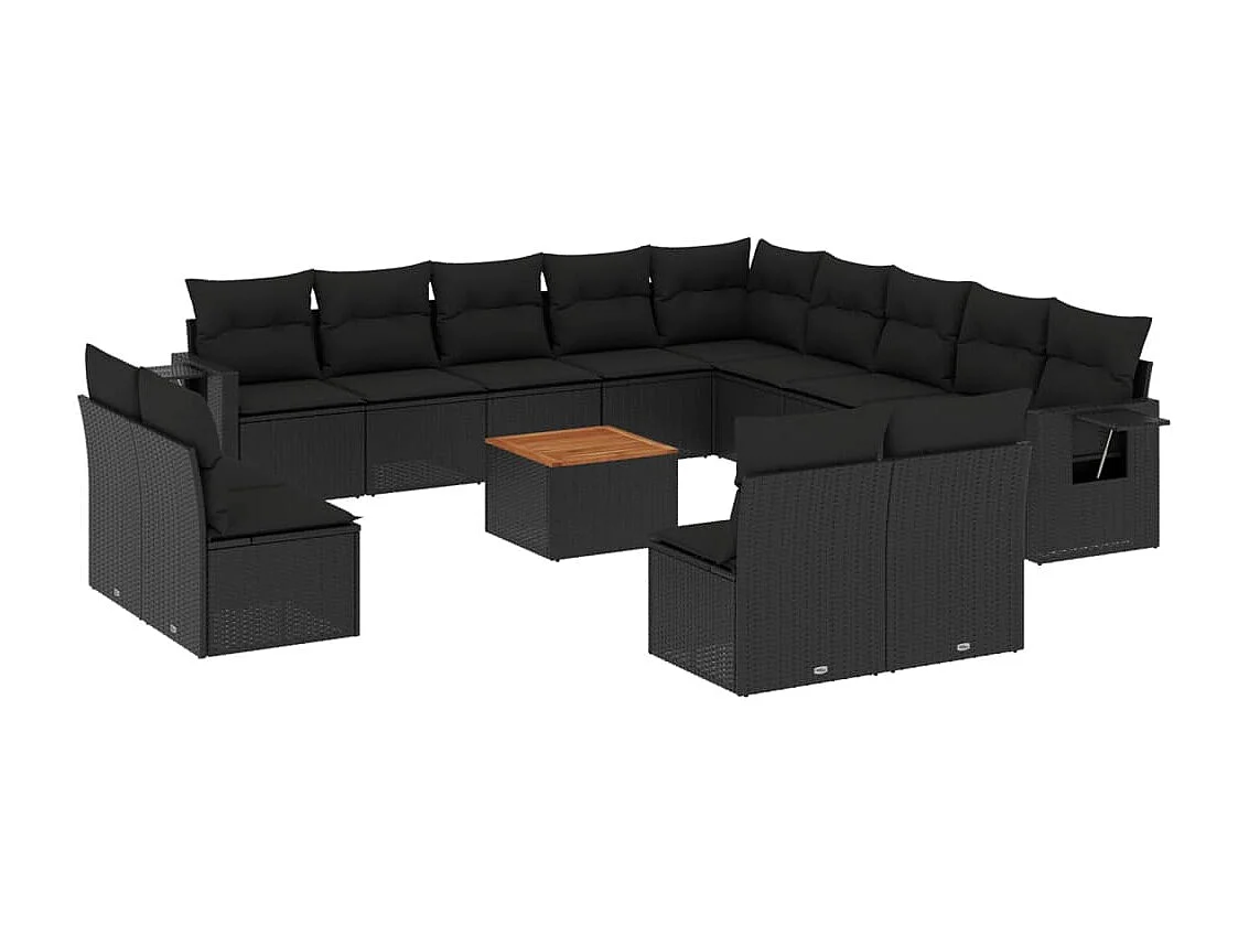 Salon de jardin avec coussins 14 pcs noir résine tressée