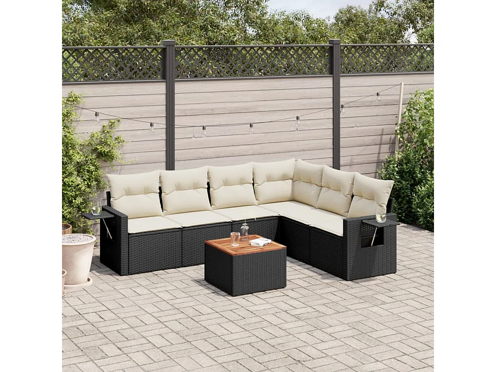 Salon de jardin 7 pcs avec coussins noir résine tressée