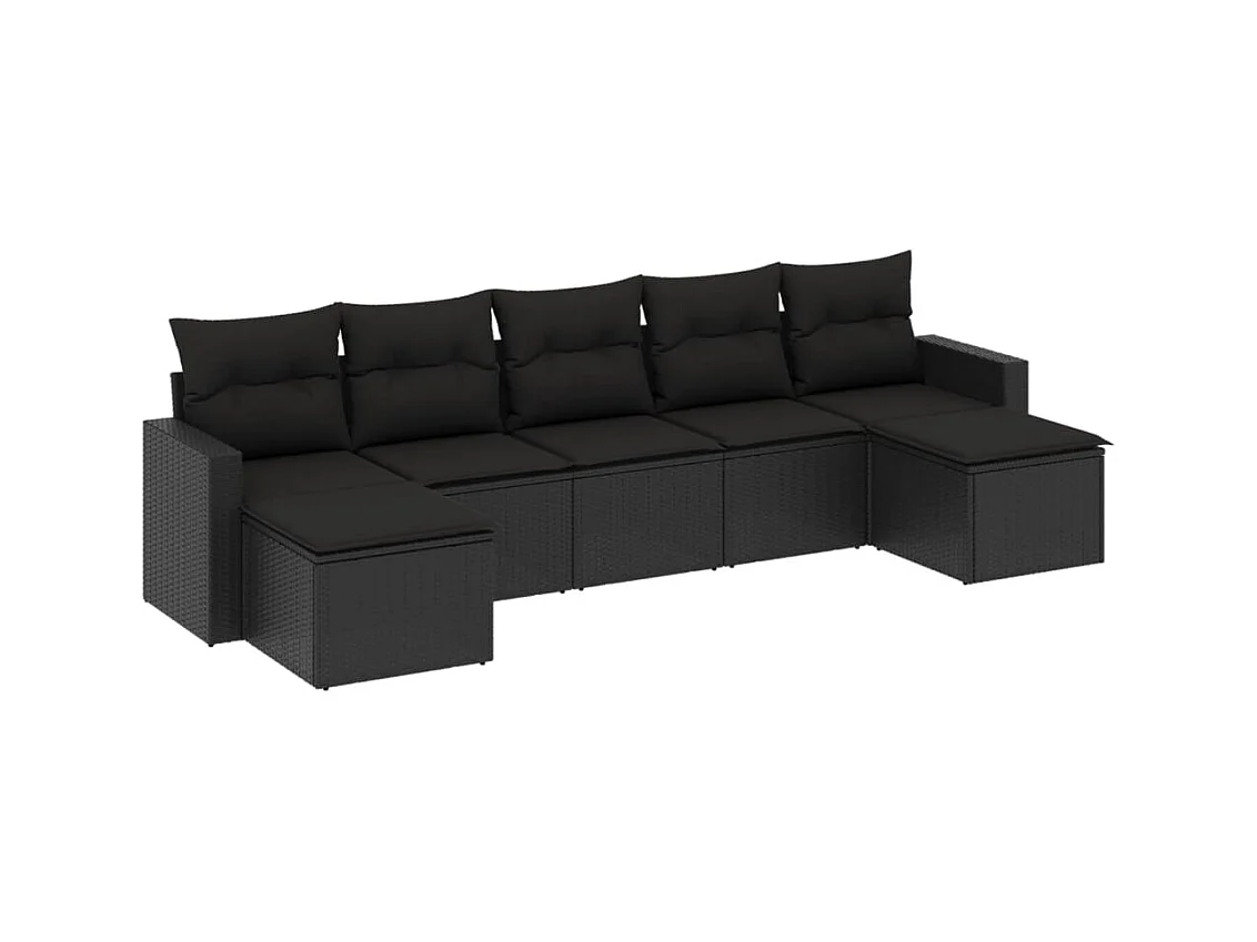Salon de jardin 7 pcs avec coussins noir résine tressée