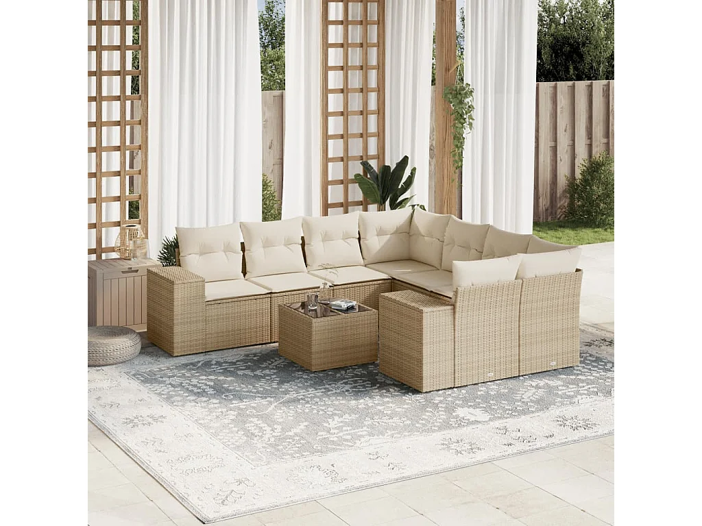 Salon de jardin avec coussins 9 pcs beige résine tressée
