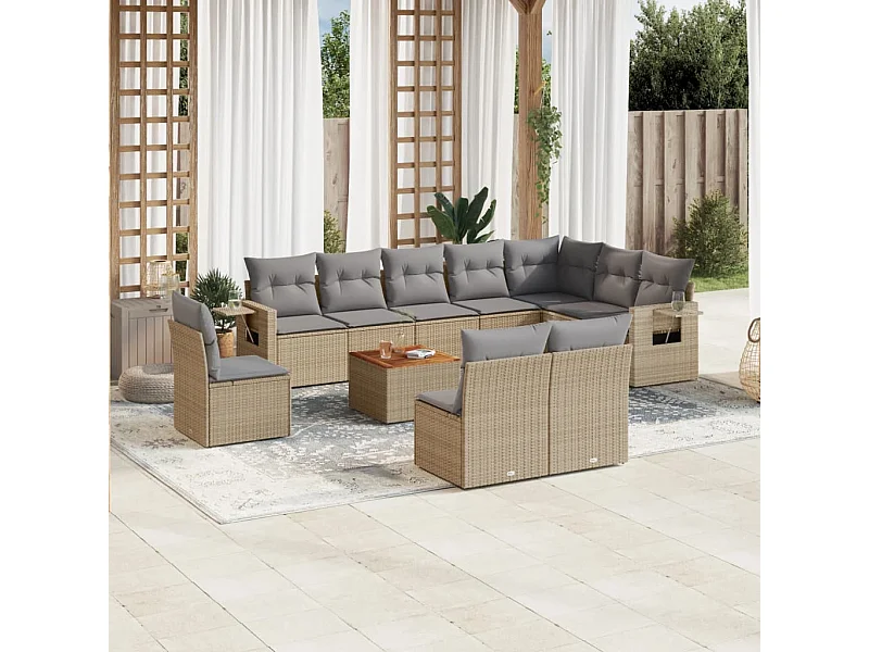 Salon de jardin 11 pcs avec coussins beige résine tressée