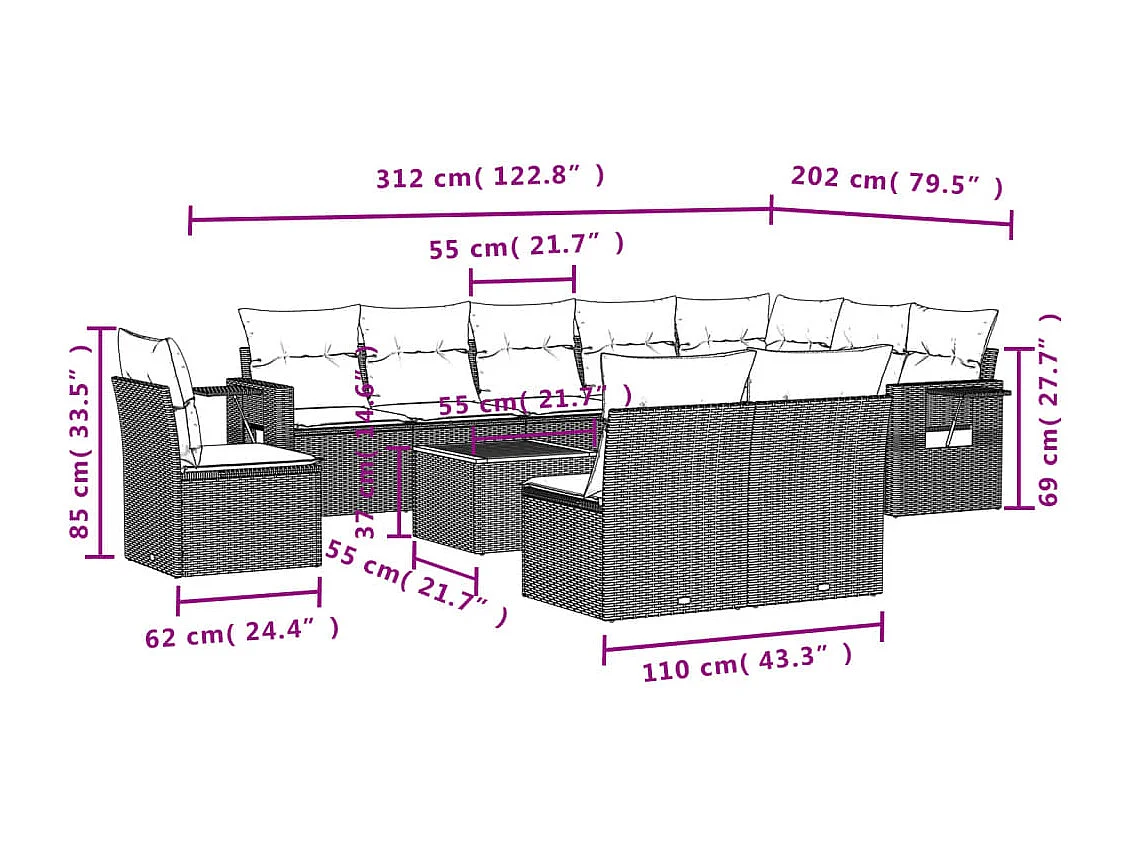 Salon de jardin 11 pcs avec coussins beige résine tressée