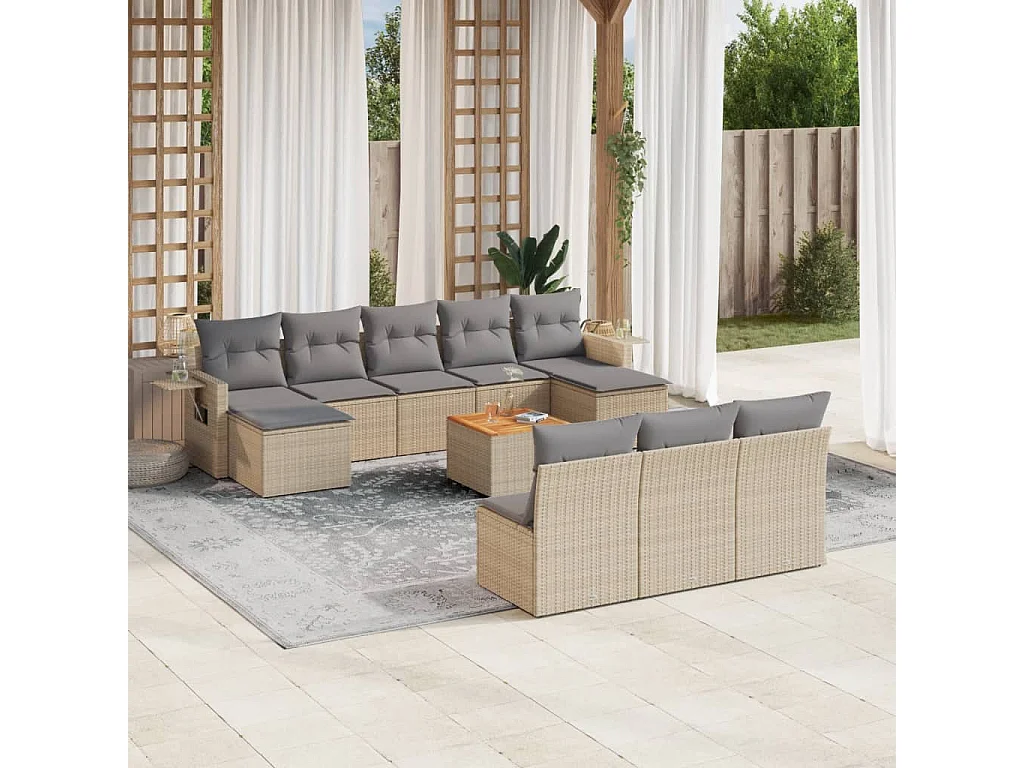 Mobili da giardino 11 pezzi con cuscini in resina intrecciata beige