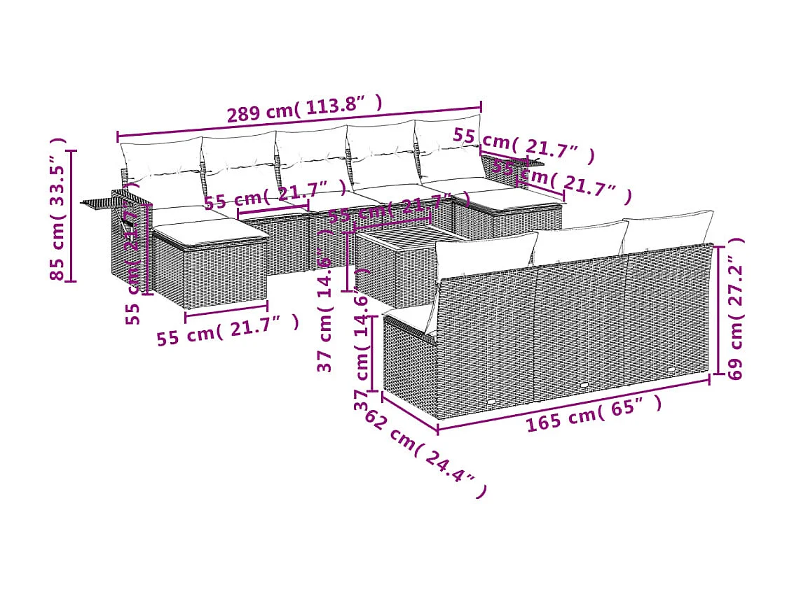 Mobili da giardino 11 pezzi con cuscini in resina intrecciata beige