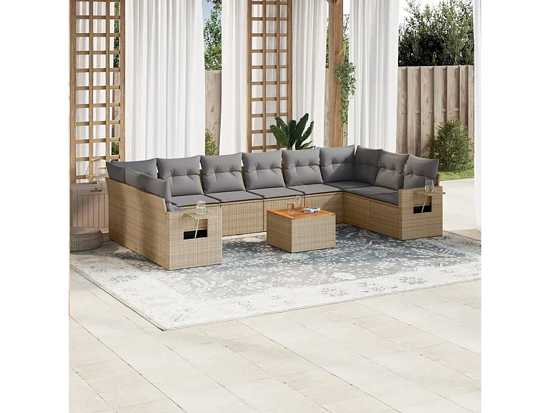 Salon de jardin 11 pcs avec coussins beige résine tressée
