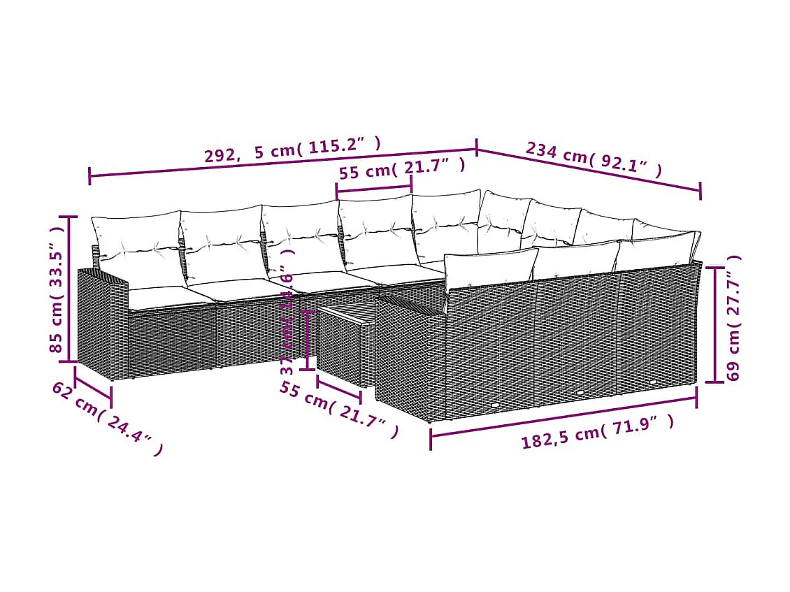 Salon de jardin 11 pcs avec coussins gris résine tressée