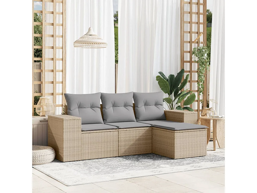 Mobile da giardino con cuscini 4 pz in resina intrecciata beige