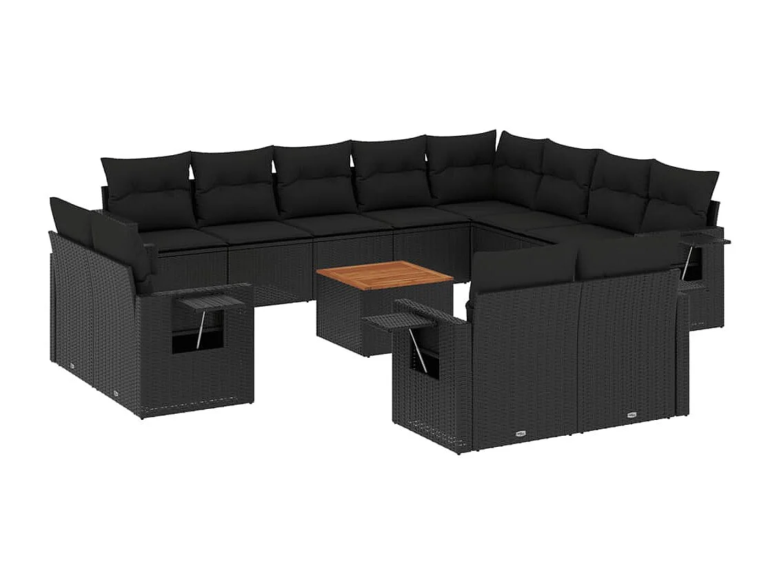 Mobile da giardino con cuscini 13 pezzi in resina nera intrecciata