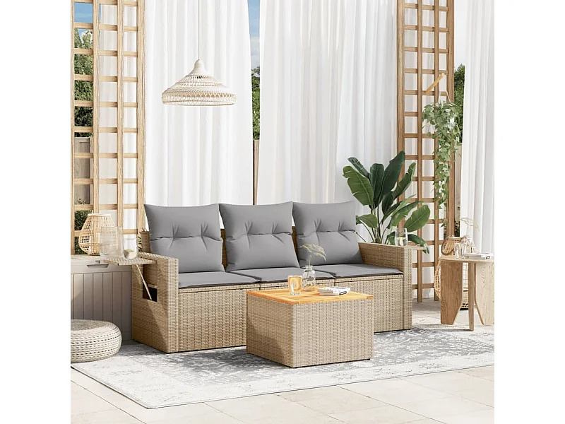 Mobile da giardino con cuscini 4 pz in resina intrecciata beige