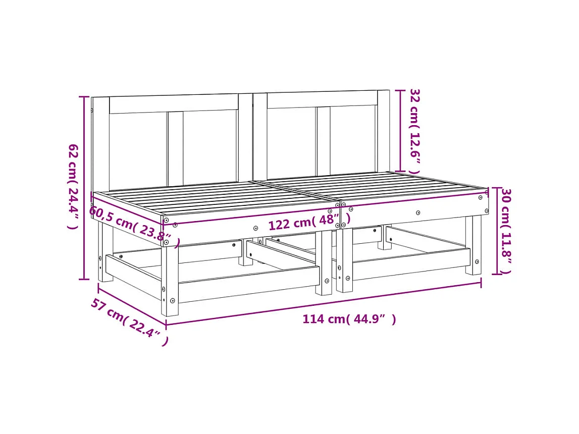 Canapés centraux de jardin 2 pcs bois de pin massif