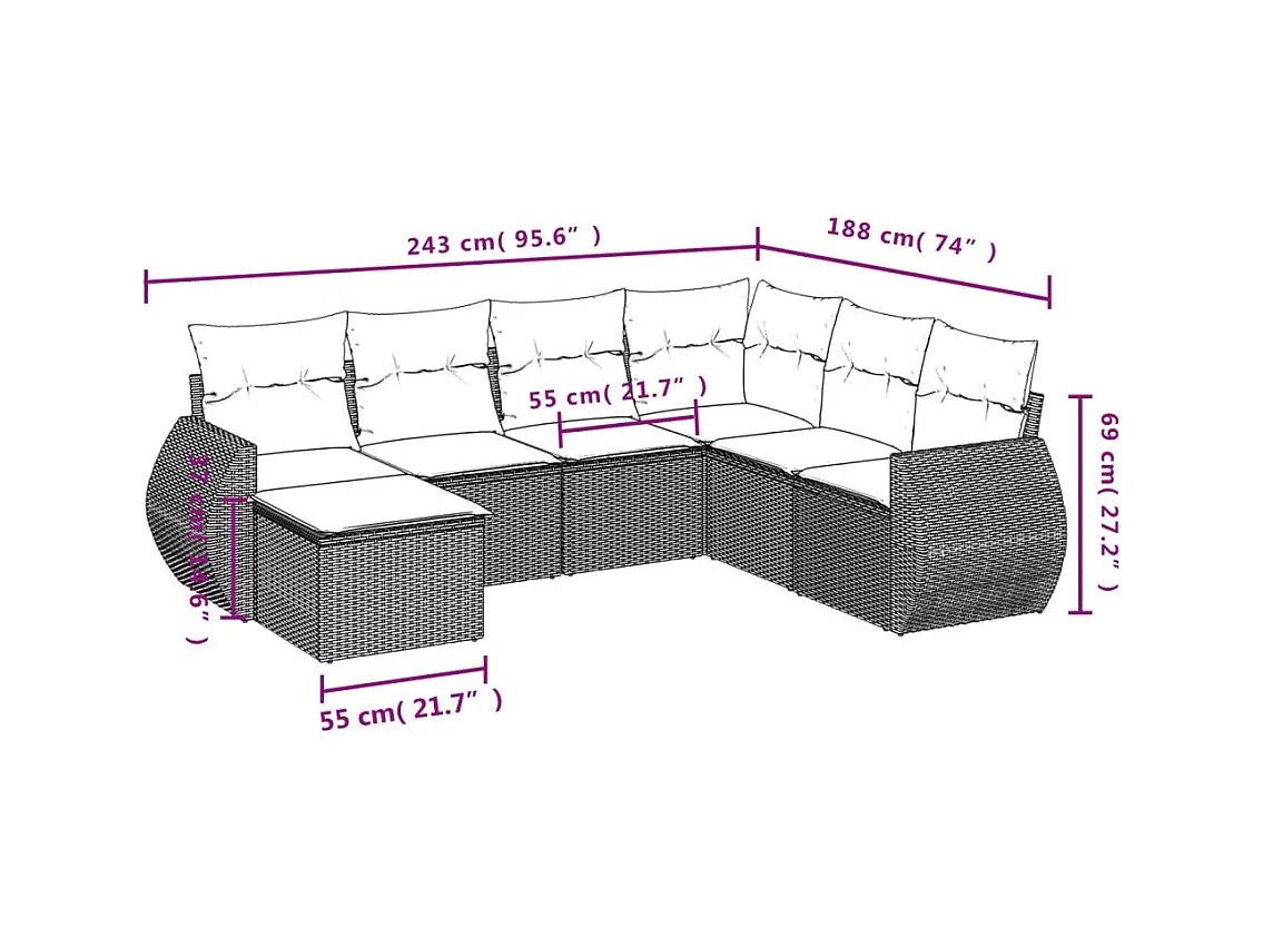 Mobile da giardino con cuscini 7 pz in resina intrecciata beige