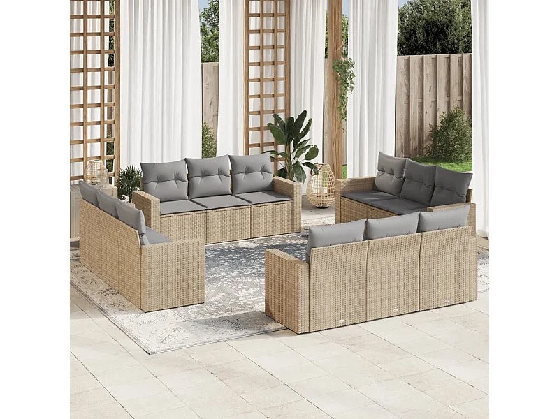 Salon de jardin avec coussins 12 pcs beige résine tressée