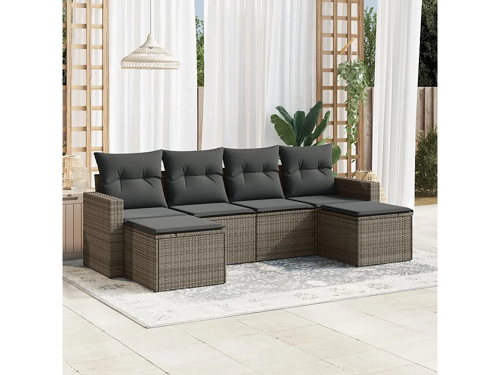 Salon de jardin 6 pcs avec coussins gris résine tressée