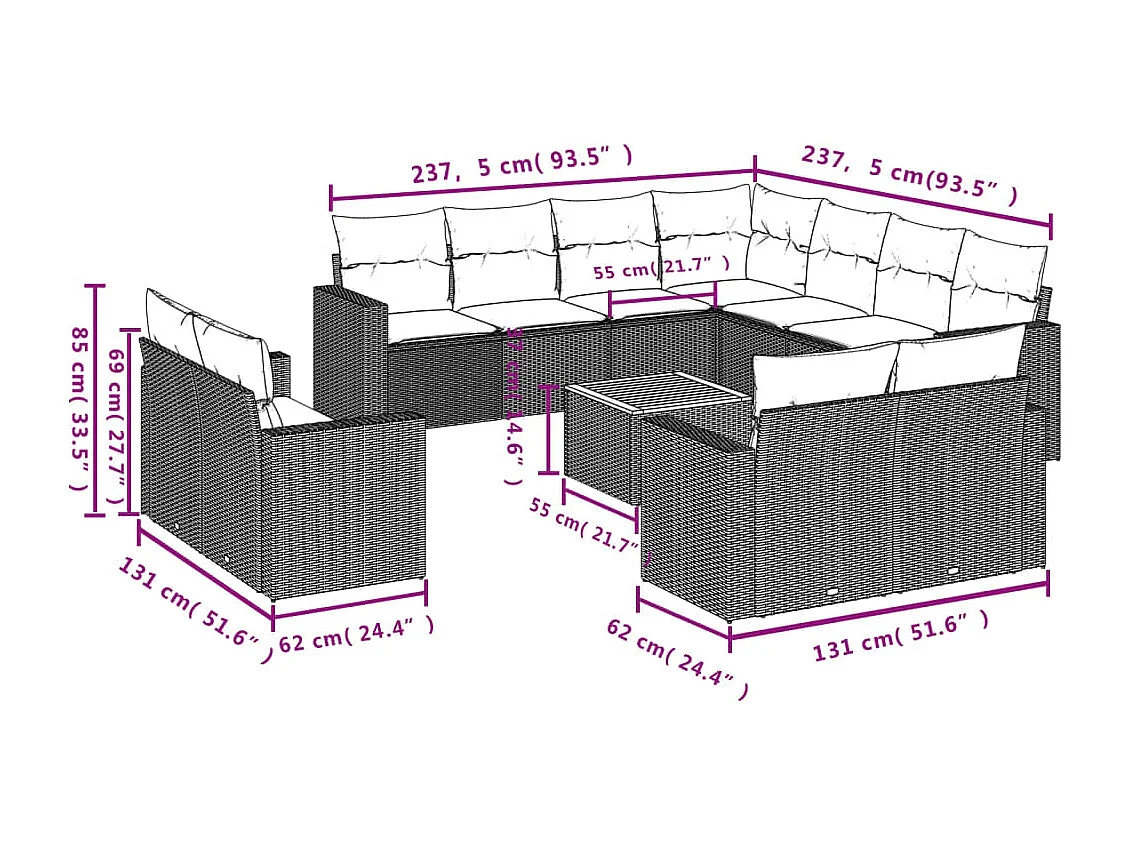 Salon de jardin 12 pcs avec coussins noir résine tressée