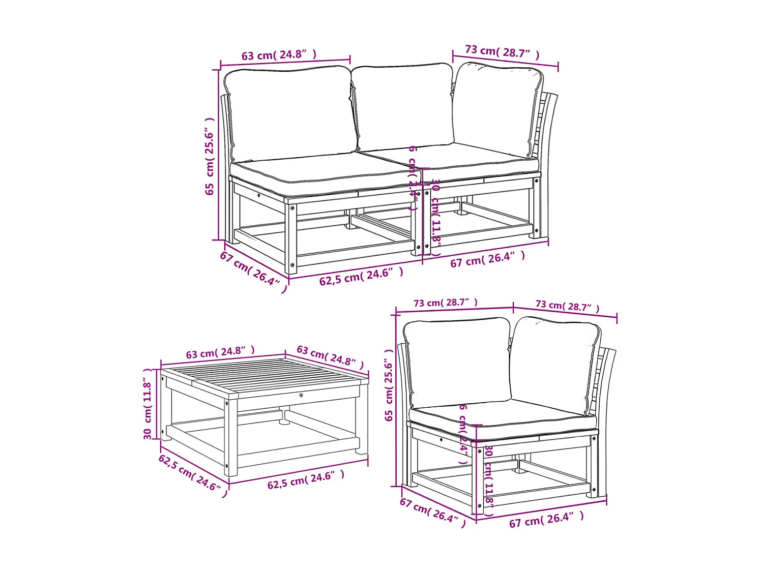 Muebles de jardín de 6 piezas con cojines de madera maciza de acacia.