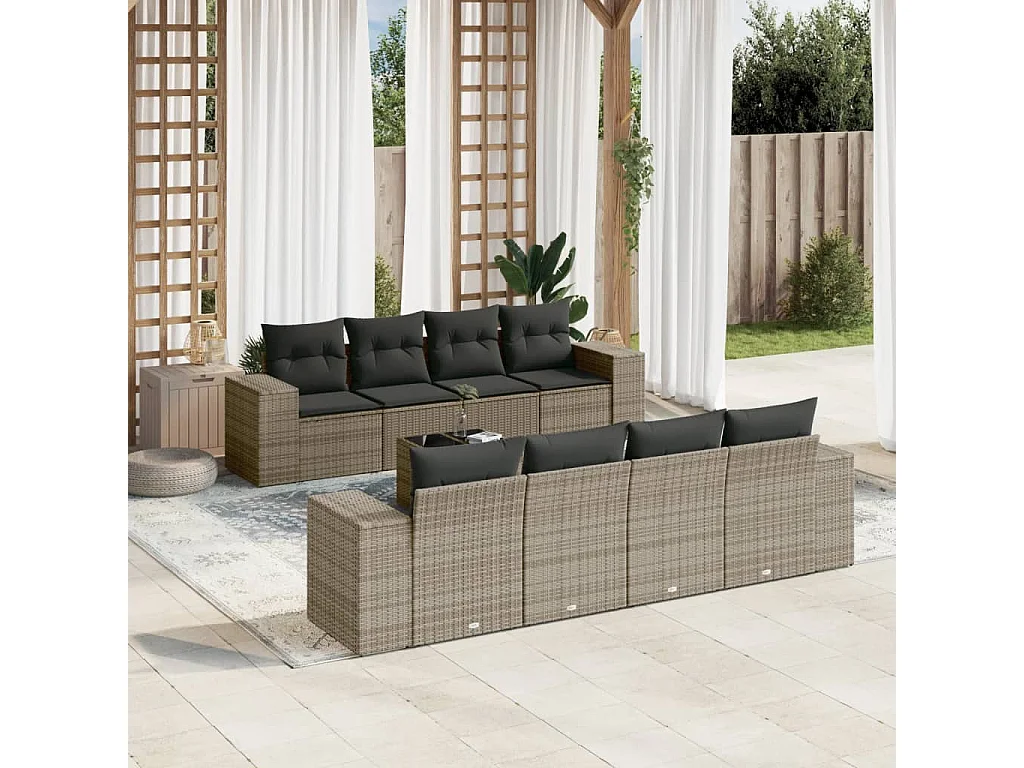 Salon de jardin 9 pcs avec coussins gris résine tressée