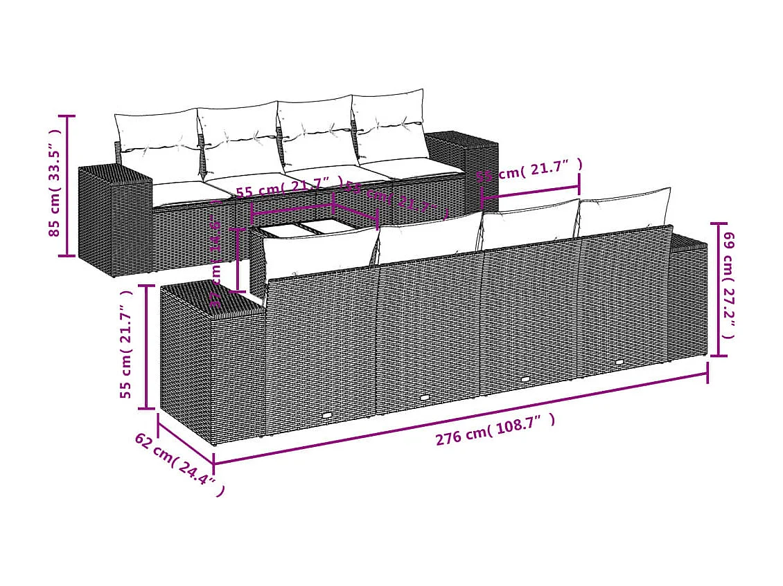 Salon de jardin 9 pcs avec coussins gris résine tressée