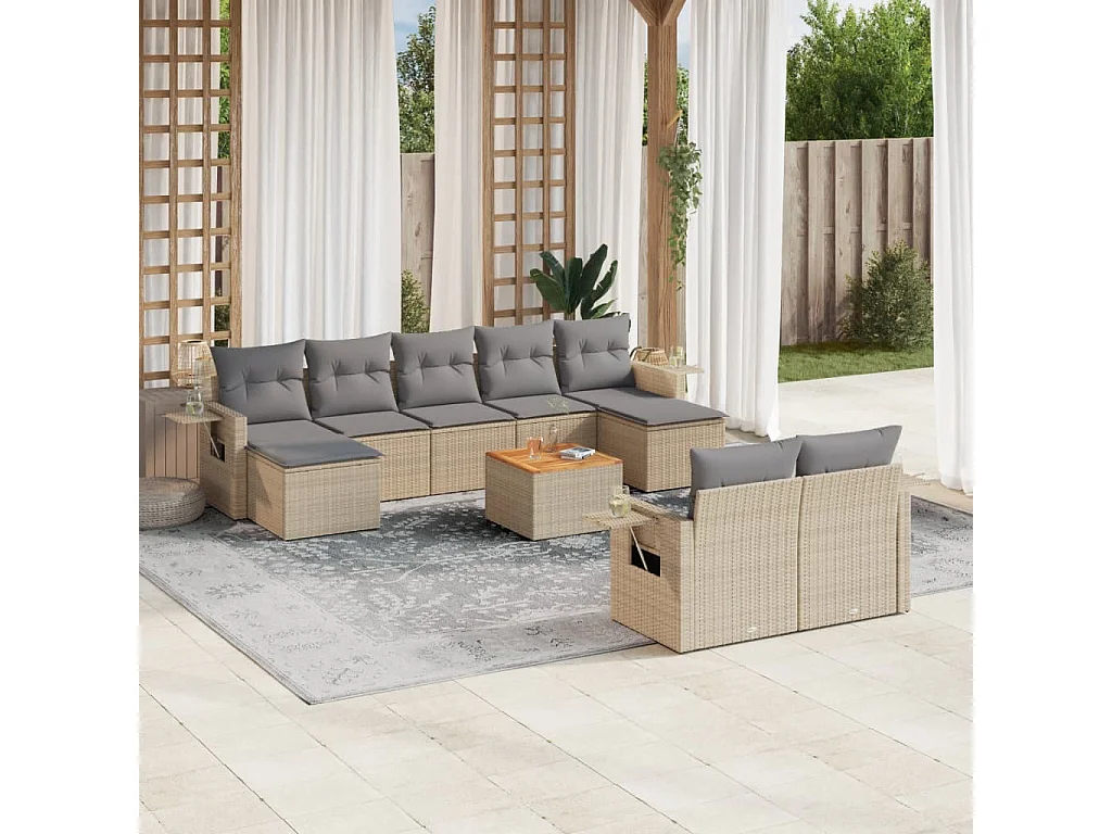 Salon de jardin avec coussins 10 pcs beige résine tressée