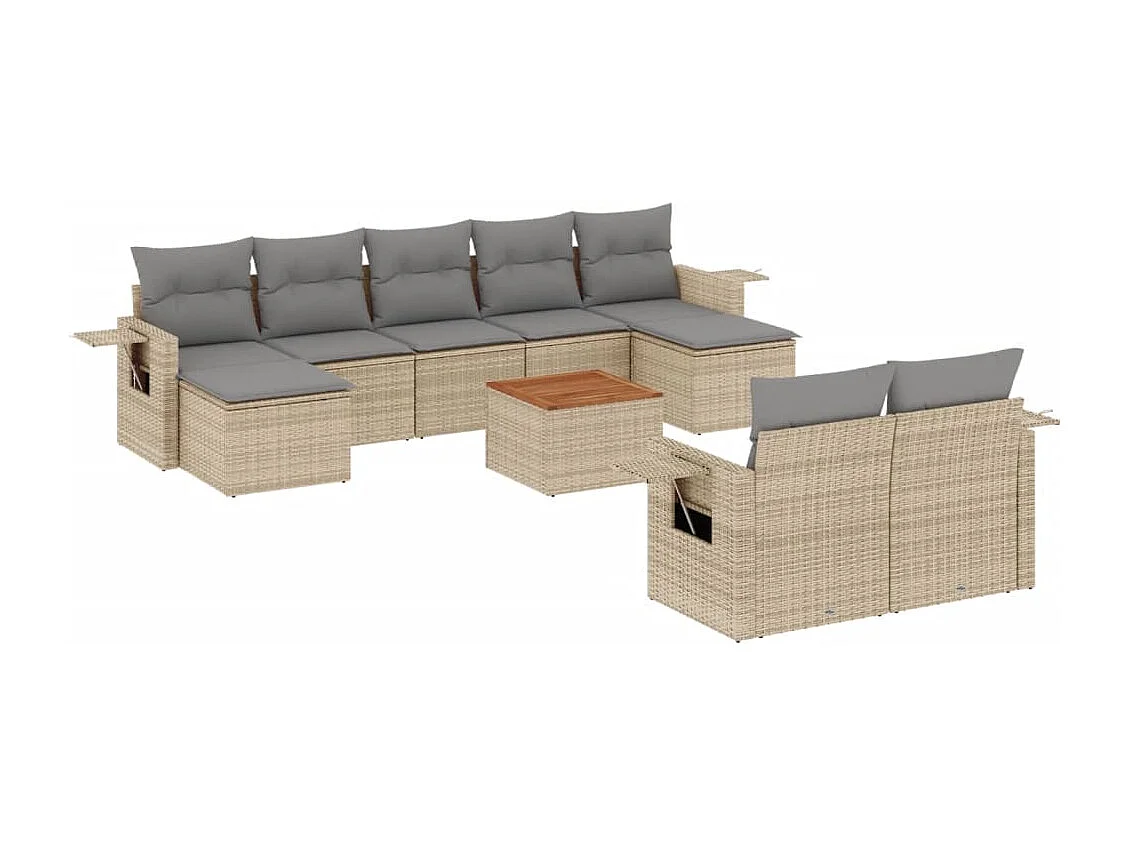 Salon de jardin avec coussins 10 pcs beige résine tressée