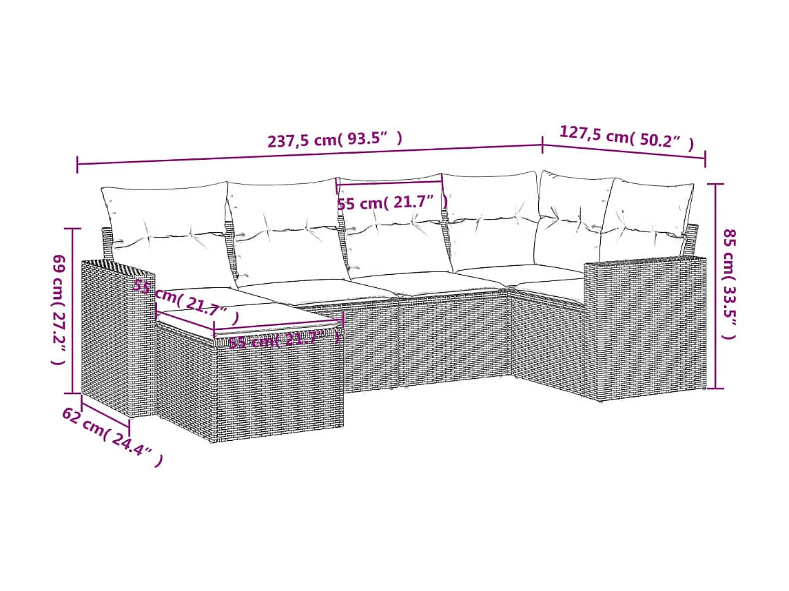 Muebles de jardín de 6 piezas con cojines de resina tejida en negro.