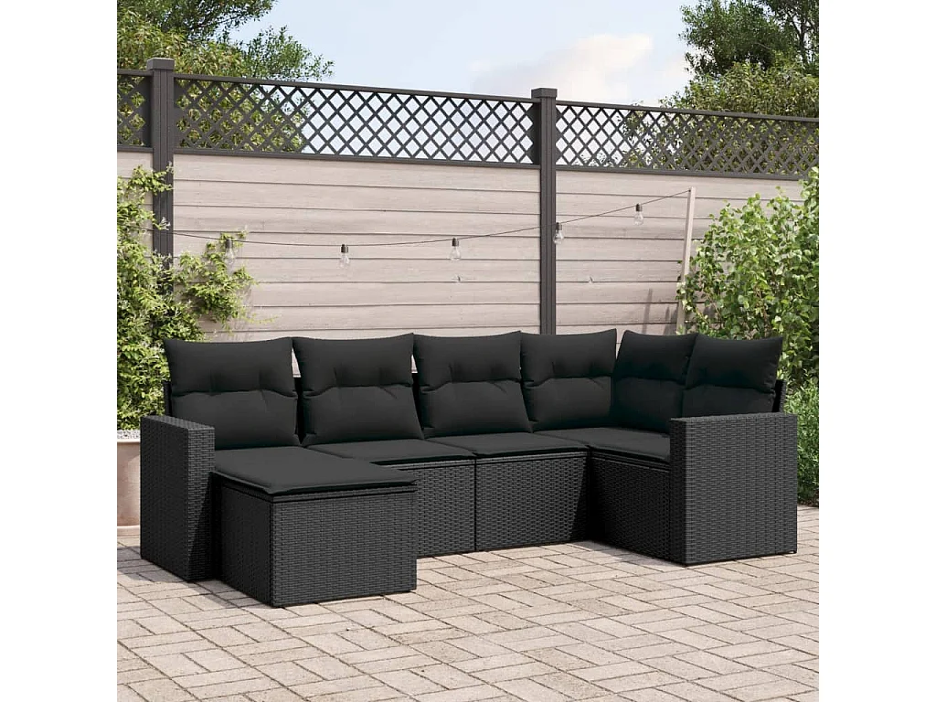 Salon de jardin 6 pcs avec coussins noir résine tressée