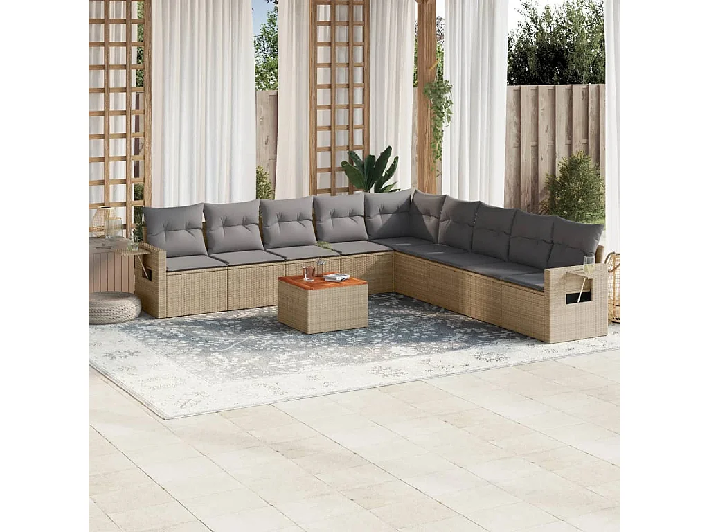 Salon de jardin avec coussins 10 pcs beige résine tressée