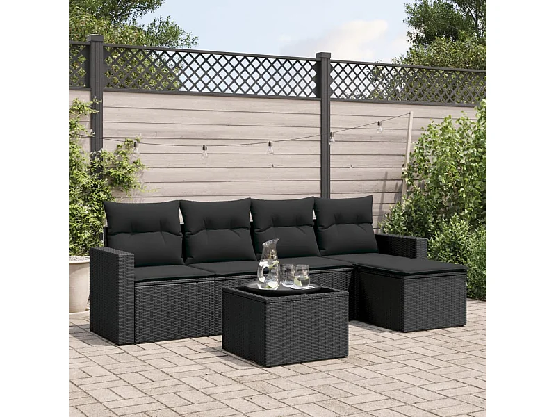 Mobili da giardino 6 pezzi con cuscini in resina intrecciata nera