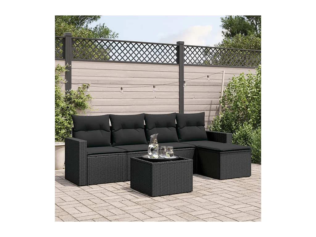 Muebles de jardín de 6 piezas con cojines de resina tejida en negro.
